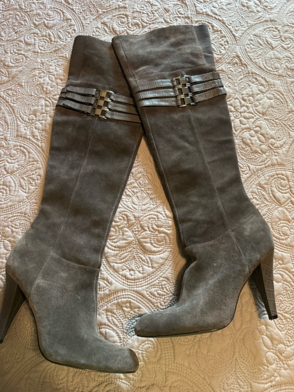 Calvin Klein Gray Suede Over-the-Knee Boots with Decorative Straps
